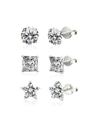 MNZ-,925 سبرينغ الفضة، مجموعة من 3 4mm Solitaire Round، الأميرة، قطع النجم، أذن القرص FNTH0002EAR149 - Jewelry For Light