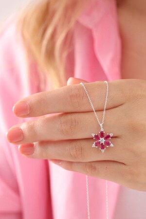 MNZ-925 سلسلة فضية سمالية مع قطعة حمراء حجر اللوتوس الكاميليا زهرة العنق LOTUS-0001 - Bilsen Store