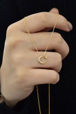 MNZ-925 سبرينغ فولدر الذهبية المغطاة بالهلال النجمة العنق UVPS101195 - Papatya Silver