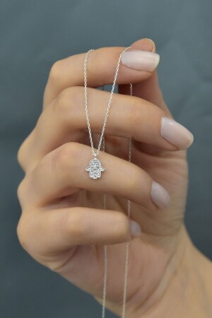 MNZ-925 الفضة الفضائية الأم في فاطمة قلادة يد مع حجر زيركون مزق بالروديوم UVPS101257 - Papatya Silver