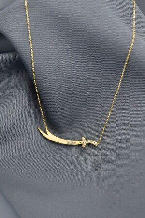 MNZ-925 الفضة الفضائية الذهبية المغطاة فاطمة مكتوبة الحجر ذو السيف زلفيكار قلادة عنق UVPTS100061 - Papatya Silver