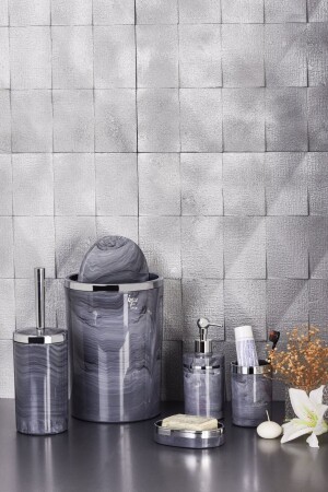 مجموعة حمام MNZ-Acrylic Round Set Anthracite Gray Marble Pattern فضة كروم 5 قطع Asa2 - İmera