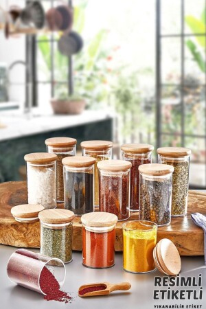 MNZ-Acrylic Vacuumed Wooden Round Spice Jar مجموعة من 12 مع علامة مرسومة 300 مل - مجموعة من العطور وعاء العطور2 - Comprox