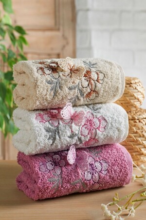 MNZ-Adelina Butterfly Fluffy Embroidered Dowry Set القطن 3 قطع 30 × 50 وجه المطبخ اليدين المطبخ منشفة المطبخ - Evanora