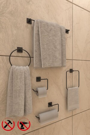 مجموعة ملحقات الحمام من نوع MNZ-Adhesive Towel Set T. Paper Holder و Napkin Holder Square Set Black Set من 5 - Alper Banyo