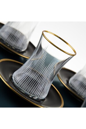 MNZ-Ahu Rose Model Laser Drawing صنع يدوي لون ذهبية ألوان زرقاء أسود 12 قطعة 6 أشخاص شاي لـ 6 BRDK-180 - Paşabahçe