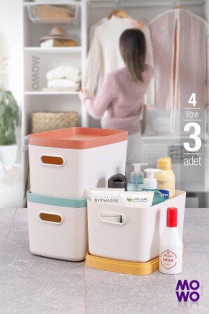 MNZ-Alegra 3 قطع 4 Lt كريم مربع منظمة متعددة الأغراض مع غطاء، مربع تخزين ديكوراتي MOWO-11-007-3 - Mowo Home