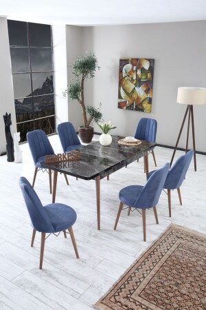 MNZ-Alive طاولة تناول الطعام الممتدة مع 6 مقاعد طاولة المطبخ طاولة مقاعد الطاولة - البحرية الأزرق - Morkese