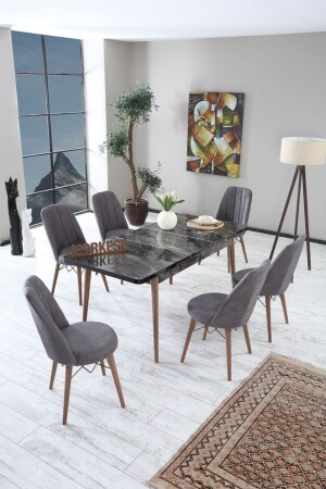 طاولة تناول الطعام الممتدة من طراز MNZ-Alive مع 6 مقاعد طاولة المطبخ - Morkese