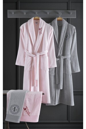 MNZ-Alya الحزام المصنوع من القطن 4 قطع عائلية ملابس حمام مجموعة وردي - Binnur Home