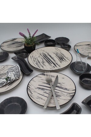 MNZ-Anka 19 قطعة مجموعة الإفطار - نمط الشبكة السوداء ARN19PRCKHVLTKM81 - Arna Porselen