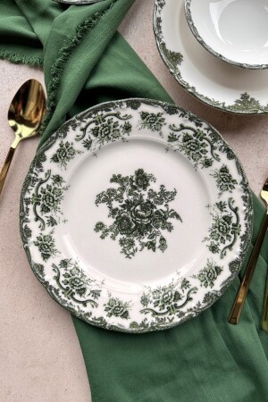 MNZ-Antique Green 25 سم تصميم خاص بروسلين Premium Serving Plate Set لـ 6 أشخاص - Porselenden