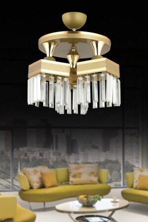 MNZ-Antiqued Crystal Stone 3-Plafone صفراء شريط مربع إلى أسفل وجهة الفخام الشنابل AK00091 - Kraliçe