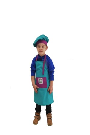 MNZ-Aqua Green Chef Kids Kitchen Apron مع قبعة - Mezuniyetshop