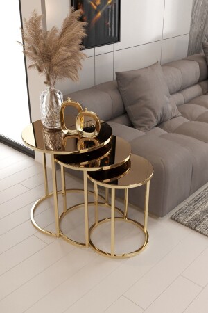 MNZ-Armoni 3 مقاعد مقعدة طاولة قهوة ذهبية ساق برونز مرآة MF008 - Nies Aksesuar