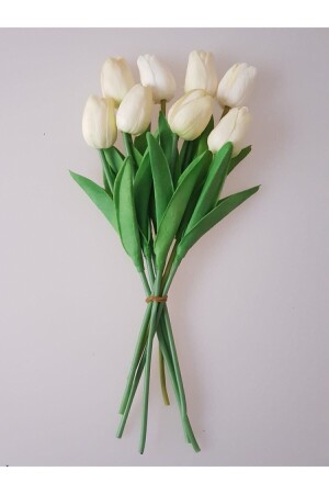 MNZ-Artificial 8 Piece Moist Tulip Bouquet نسيج واقعي التركيب الأبيض الأحمر - KOZALILAR