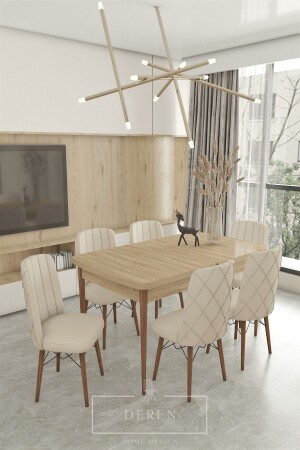 سلسلة MNZ-Astera طاولة مُتوسعة + 6 قطع كريم صبية وجه منتجات المطبخ غرفة المعيشة غرفة الطعام مجموعة - Deren Home