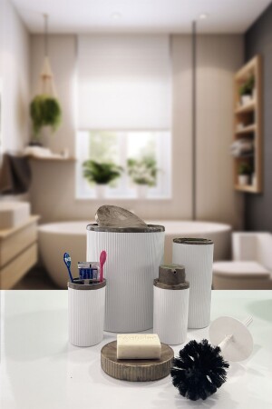 MNZ-Auaro 5 قطعة بيضاء مشطرة بني أكريليك نمط حمام مستديرة مجموعة من 5 - Biltaş Plastik