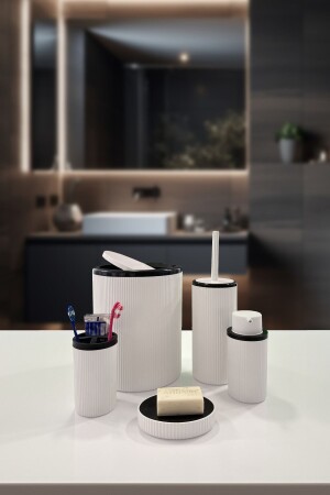 MNZ-Auaro 5 قطعة حمام بيضاء مشطرة مستديرة مع غطاء أسود - Biltaş Plastik