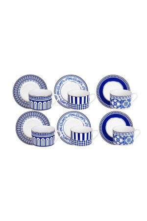 MNZ-Aurora العظام البورتسلين الأزرق والأبيض باروك النمط كوب شاي مجموعة من 6 - Lucky Art