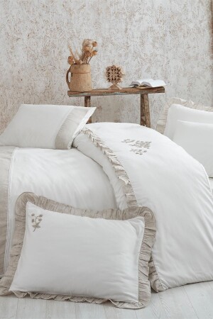 MNZ-Ayliz King Size Duvet Cover Set 100% عودية القطن الساتين كريم مصنوع من اليد 240x220 سم NVRAYL220X240 - Ecocotton