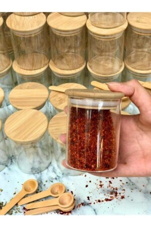 MNZ-Bamboo غطى زجاجي وعاء مع 6 ملعقة خشبية SN-2021-2188 - Senin Dükkanın