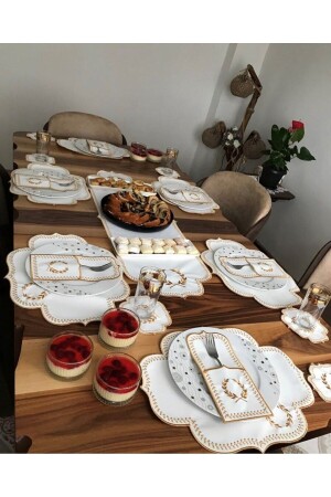 MNZ-Başak كريم طاولة ذهبية 19 قطعة ركنر مجموعة 6 أشخاص طلاء اللونة المزروعة مجموعة عرض الطعام - Teksev