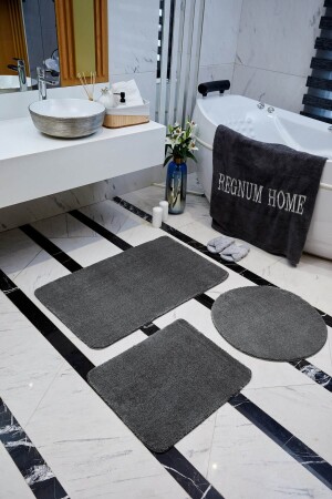 MNZ-Bath Mat Triple Set Anthracite Color Plush Non-Slip Base قابل للغسيل 60x100 - 60x40 - 60x60 - Regnum Halı