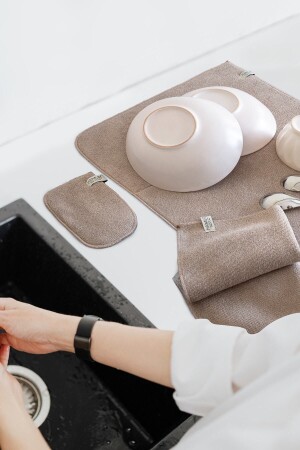 MNZ-Beige-grey Microwell 3 Piece Set ميكروفايبر الأطباق جفاف المطبخ المجموعة 3 قطعة غطاء ثياب الشاي - Hamur