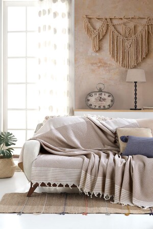 MNZ-Bergama Beige Buldan Sofa Cover 170 X 210 سم صوفة رمي صوفة صوفة سرير غطاء القطن رمي Mk-10002 - Lux Touch