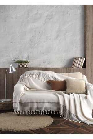 MNZ-Bergama Ecru Buldan Sofa Cover 170 X 220 سم صوفة رمي صوفة صوفة سرير غطاء القطن رمي Mk-10002 - Lux Touch