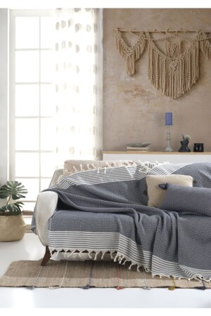 MNZ-Bergama Indigo Buldan Sofa Cover 170 X 210 سم صوفا رمي صوفا صوفا سرير غطاء القطن رمي Mk-10002 - Lux Touch