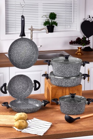 MNZ-Big Granite 9 Piece Cookware Set Gray TAC-3577 - Taç
