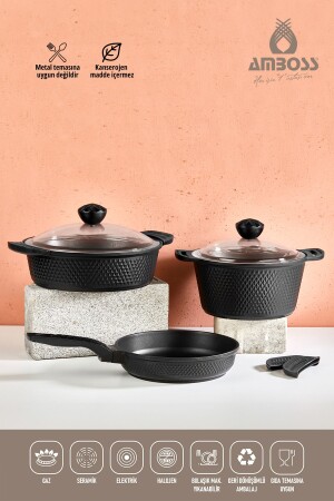MNZ-Big Mega 6 Piece Granite Cast Pot Set مع غطاء زجاجي KUV-0992 - Amboss