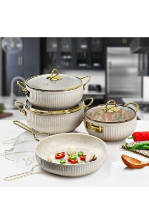 MNZ-Bio Granite 7 Pieces Oyster Ivory & Gold المقبضات وعلبة الخزينة EVTGR7PRÇEZMFİLDİŞİ - Evita