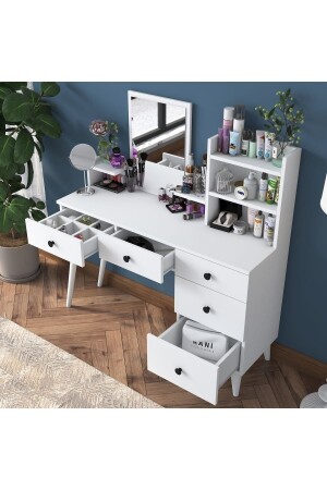 طاولة مكياج MNZ-Bj101 مع 5 سلاسل ومنظمة مجوهرات مرآة أبيض 2294 - Rani Mobilya