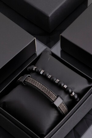 MNZ-Black الجلد الأصلي والحجر الطبيعي المنزلق المزج المزج للرجال مجموعة 002 SRT476-002 - Sortie Aksesuar