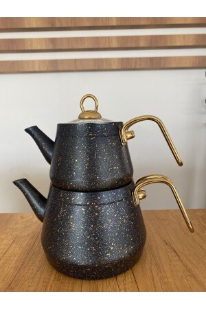 MNZ-Black 3 Piece Granite Teapot مع معقب معدني ذهبية KSM-029 S - Kısmet