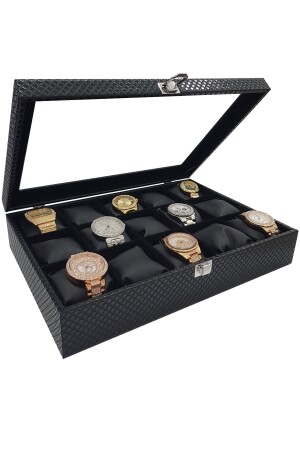 MNZ-Black Diamond Leather 15 Piece Glass Watch Box St15-69 ehy-st15-69 - Chavin