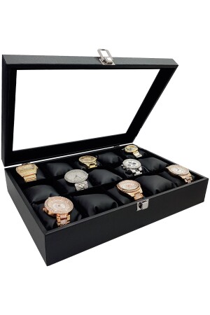 MNZ-Black Leather 15 Piece Glass Watch Box St15-68 ehy-st15-68 - Chavin