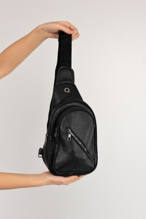 MNZ-Black Leather Look Unisex الجانب عبر الخلف حقيبة الخصر الصدر - سماعات الرأس USB الهاتف المحمول - Çanta