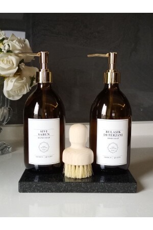 MNZ-Black Marble Stand و Gold Head Brush سائل صابون صحن مكفف مجموعة rn-blackmarblegoldbrushed-ss-bd - Reoona