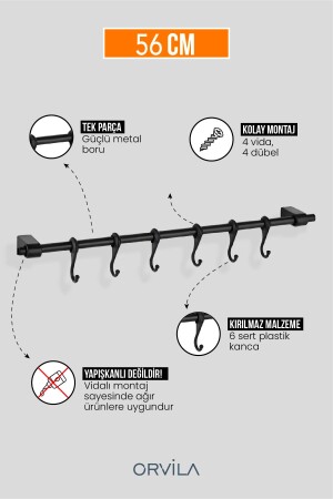 MNZ-Black Metal Kitchen and Bathroom Hanger 6 مضادات معلقة الحديد 56 سم عصا - Orvila