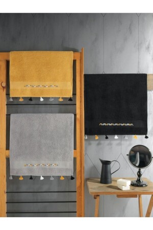 MNZ-Black Mustard Gray Embroidered Fit Towel Set 3 قطع 50x90 RECB-4612-4 - Cotton Box