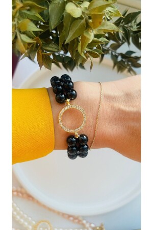 MNZ-Black Pearl Quarter Bracelet Zircon Stone Gold Plated Frame Quarter Bracelet (قزمة من الجوهر الأسود) - Elmoda Boutique