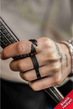 MNZ-Black Plated Herringbone Pattern نموذج ريش و نموذج مثلث مجموعة حلقة قابلة للتعديل من 3 - The Gifts