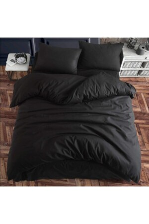 MNZ-Black Ranforce Woven Double Duvet Cover Set (صفحة مرنة) الأسود-Nev-3310 - Garden Home