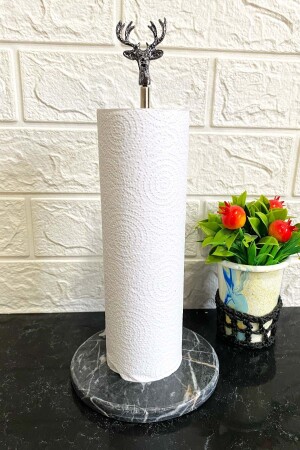 MNZ-Black Round Marble Decorative Roll Paper Towel Holder مع لوازمات الغزال الأسود - Jenisa
