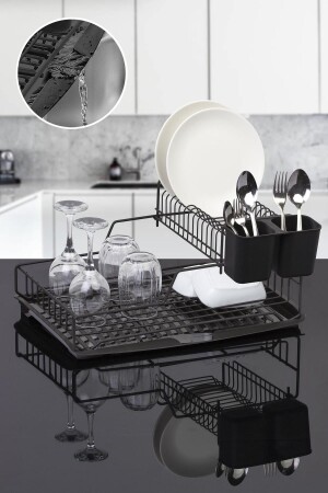 MNZ-Black Stella رف طبق مزدوج الطبقة - رف الأطباق - Okyanus Home