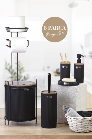 MNZ-Black Wood Patterned Mina Replacement WC Paper Holder و 6 قطع مجموعة حمام - Okyanus Home
